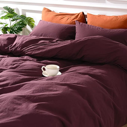 NEXHOME PRO Duvet Cover Set 100% Washed Cotton Full Size Linen Feel Textured Organic Natural 3 Pieces Bedding Set with Zipper Closure and Corner Ties, Breathable and Soft (Burgundy Red, No Comforter)