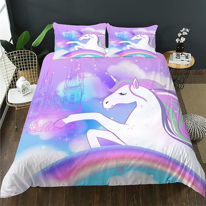 CVHOUSE Rainbow Unicorn Twin Size,Cartoon Bedding Set for Girls Kids Teens,Cute Comforter Cover,1 Duvet Cover 2 Pillowcases 3 Piece Twin 71'x87'