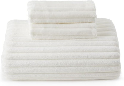 Bedsure Fluffy Duvet Cover Set - Ultra Soft Plush Shaggy Comforter Cover Queen Size, Warm Flannel Fleece Bed Sets for Winter, 3 Pieces (Striped Pattern, Coconut White)