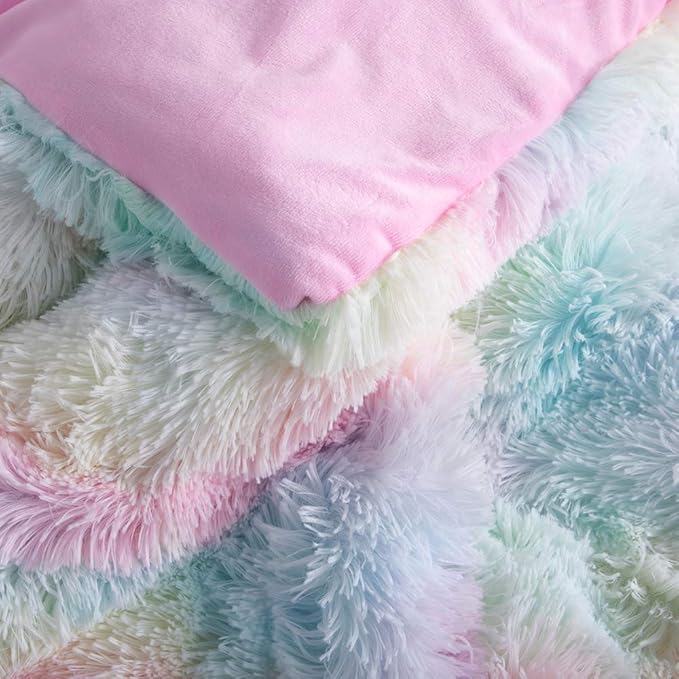 Wajade Faux Fur Plush Rainbow Comforter Set Fluffy Fuzzy Shaggy Bedding Set - 3PC Full/Queen Microfiber Soft Warm Quilt Set