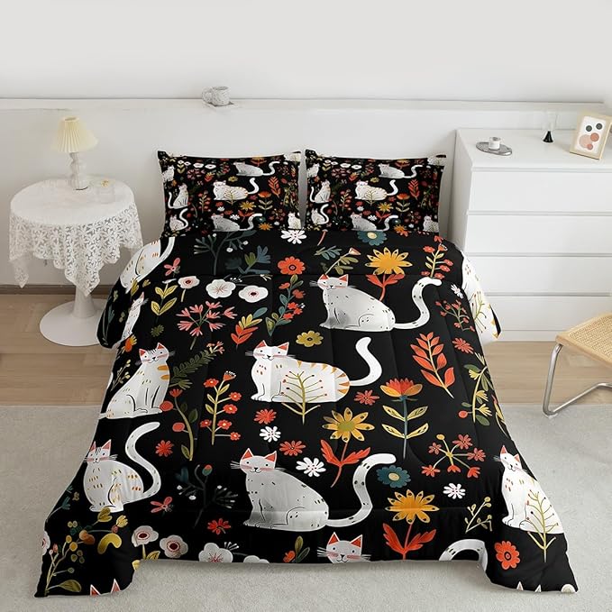 jejeloiu Cute Cat Bedding Set Soft for Boys Girls, Floral Flower Comforter Set Queen Size Nature Plants Duvet Quilt Microfiber Black Colorful Bedroom Decor 3 Pcs with 2 Pillow Cases