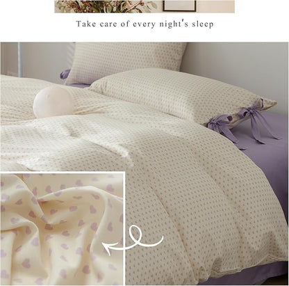 AOJIM Aesthetic Purple Duvet Cover Set for Kids Adults, Pure Cotton Bedding Comforter Cover with Heart Motif, 1 Twin Duvet Cover 68x86 and 2 Pillowcases 20x26 with Bow Ties for Room Decor, No Quilt