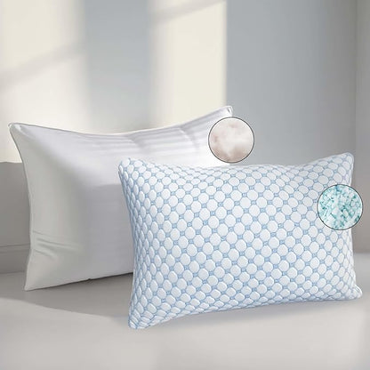 Nestl Cooling Memory Foam Pillow with Down Alternative Pillows Combo Set - Queen Size Set of 2, 1 Soft and 1 Firm, Adjustable for Side, Back, Stomach Sleepers, Breathable Washable Bed Cover, 20”x30”