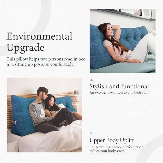 14 lbs Thickened Headboard Pillow Wedge Pillow Headboard Reading Pillow Bed for Backrest Reading Triangular Pillow with Side Pocket for Sitting in Bed Cotton Linen Blue King
