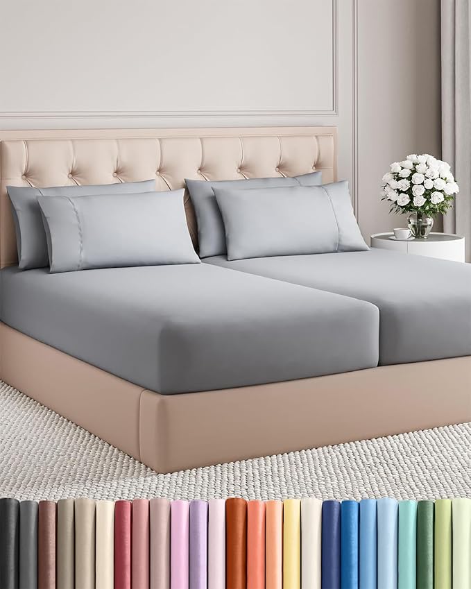 Split King Sheets Set 7 Piece - Includes 4 Pillowcases - Bed Sheets Split King - Soft Hotel Luxury Bedding - Cooling and Breathable - 1 Flat & 2 Fitted & 4 Pillowcases w/ Deep Pockets - Steel Blue