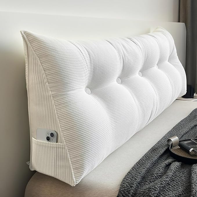 Wedge Headboard Pillow ，Reading Pillow Essentials backrest Cushion for Bed Gap Filler or Sofa (White, Queen(59 * 8 * 20in))