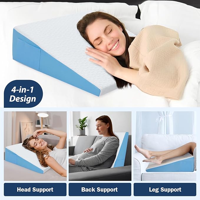 Wedge Pillow for Sleeping, 12" Bed Wedge After Surgery, Back Pain Relief, Memory Foam Pillow Triangle Incline Wedge for Back Support, Leg Elevation