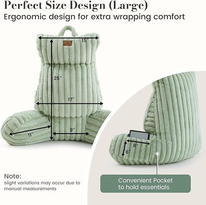 Amélie Home Faux Fur Reading Pillow with Pocket for Sitting in Bed, Adult Backrest Bed Pillow with Washable Cover for Lounging, Study & Relaxing, Sage Green 25 inches