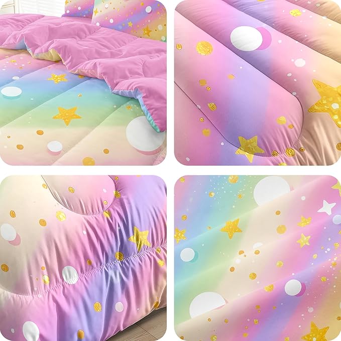 3 Pcs Twin Bedding Sets for Girls, Pink Glitter Rainbow Twin Size Bed Set, Stars Galaxy Bedding Comforter Set for Girls