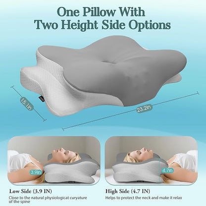 Cervical Neck Pillow for Pain Relief - Ergonomic Bed Pillow for Neck Support, Cooling Contour Orthopedic Memory Foam Pillows for Side Back Stomach Sleepers (Light Grey, Queen-23.2''Lx15.1''Wx4.7''H)