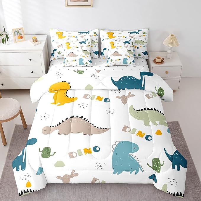 Feelyou Cute Dinosaur Comforter Set with Sheets 7 Piece Twin Size Cartoon Cactus Bedding Set Decor Jungle Dino Boho Succulent Bed in a Bag Wild Animal Pattern Yellow Grey Bed Set Bedroom