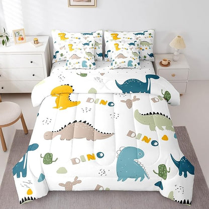 Feelyou Cute Dinosaur Comforter Set with Sheets 7 Piece Twin Size Cartoon Cactus Bedding Set Decor Jungle Dino Boho Succulent Bed in a Bag Wild Animal Pattern Yellow Grey Bed Set Bedroom