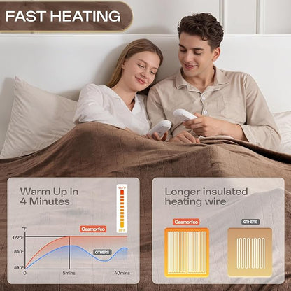 Electric Blanket Queen Size, Ultra Soft Flannel Heated Blanket for Full Body, Dual Control Heating Blankets with 10 Hours Automatic Shut Off, 8 Heating Levels, Washable, Double Zone, 84" x 90" Brown