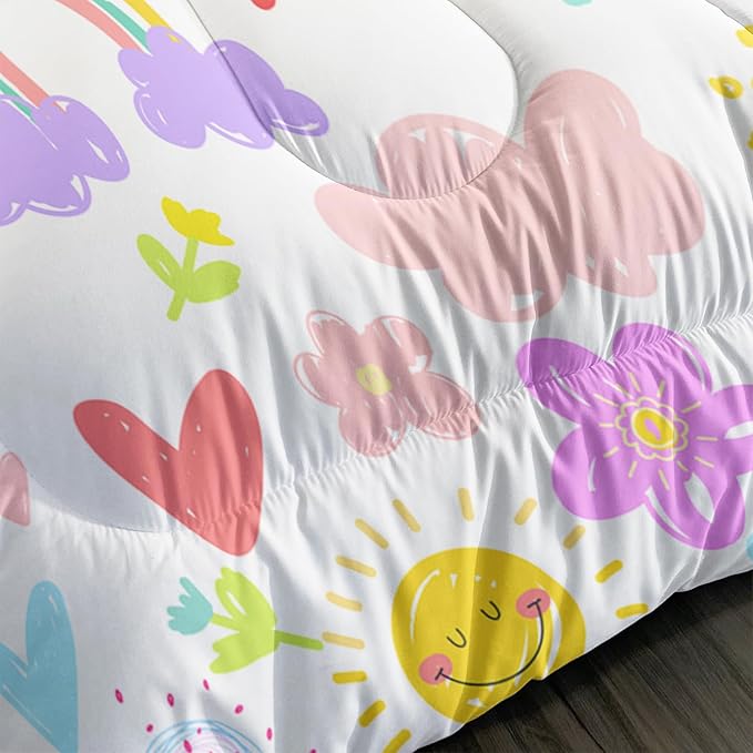 Colorful Rainbow Comforter Graffiti Cute Sun Flowers Bedding 3Pcs Twin Cartoon Hearts Cloud Pattern Quilt Set for Kids Teens Girls Boys Raindrop Bed Set with 1 Comforter and 2 Pillowcases