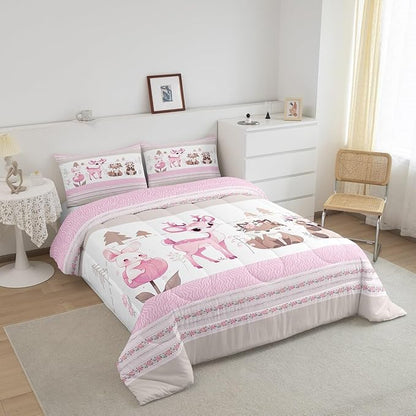 jejeloiu Cute Pink Deer Bedding Set Full Size Kawaii Forest Animal Comforter Set for Kids Girls Pink Flower Stripe Duvet Set Rabbit Quilt Set 3Pcs