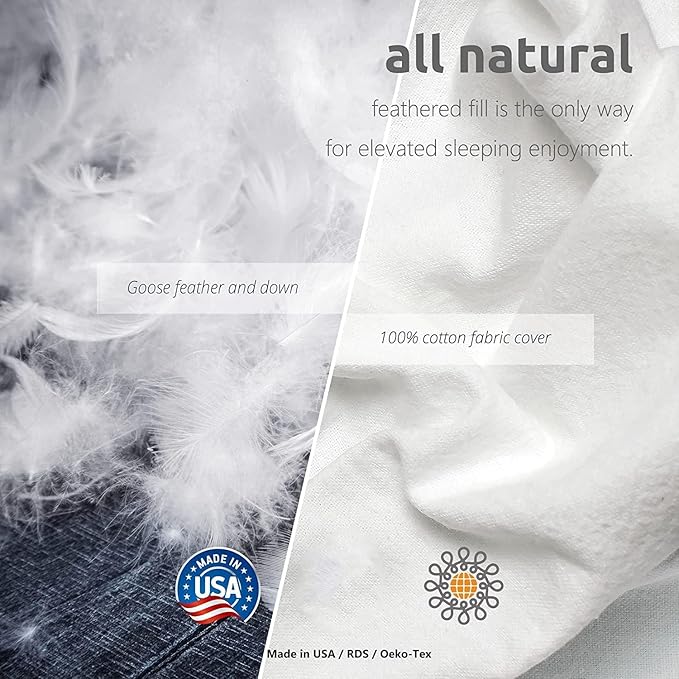Dreamhood Medium Soft Standard Goose Feather Down Pillow for Side Sleepers, Made in USA, Breathable and Skin-Friendly Cotton Cover, 1 Pack, 18 x 26 Inches