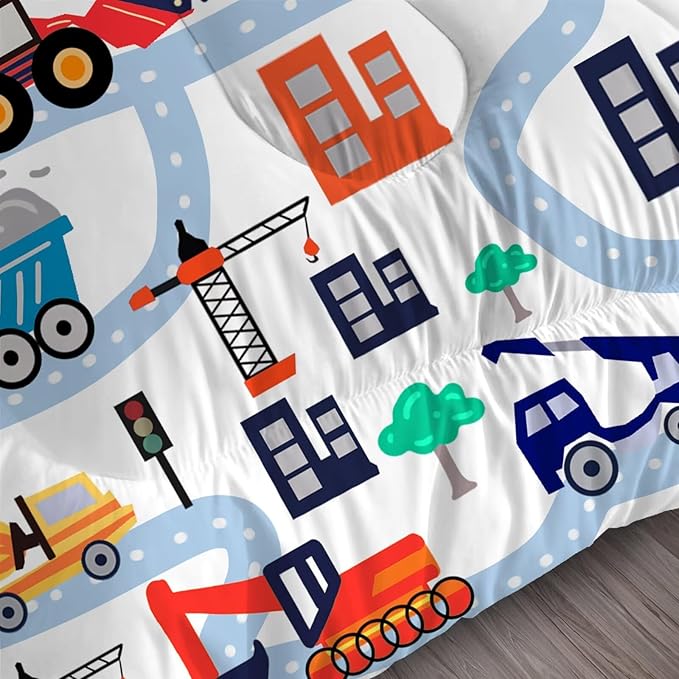 Cartoon Truck Comforter Set Twin: Construction Bedding Set for Boys Kids Children Bedroom Dorm White Cute Cars Quilt 1 Comforter + 1 Pillow Case