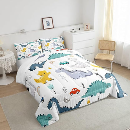 Cartoon Dino Boys Comforter Set King Size,Cute Dinosaur Animal Blue Yellow Sketch Bedding Set All Season Quilt Set,Cars Rainbow Trees Printed Kawaii Microfiber Polyester Down Comforter