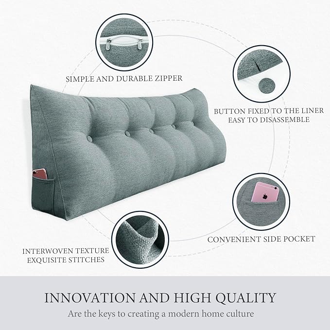 14 lbs Thickened Headboard Pillow Wedge Pillow Headboard Reading Pillow Bed for Backrest Reading Triangular Pillow with Side Pocket for Sitting in Bed Cotton Linen Gray King