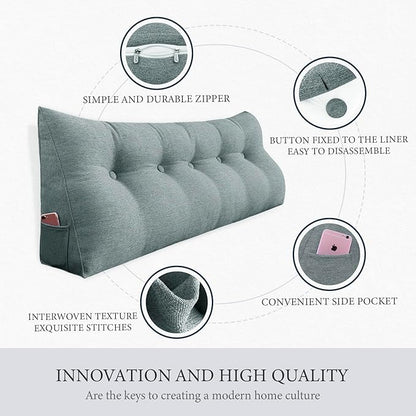 14 lbs Thickened Headboard Pillow Wedge Pillow Headboard Reading Pillow Bed for Backrest Reading Triangular Pillow with Side Pocket for Sitting in Bed Cotton Linen Gray King