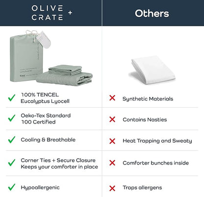 Olive + Crate Tencel Eucalyptus Cooling Duvet Cover Set - Hypoallergenic, Lyocell Tencel Duvet Cover - Soft, Temperature Regulating with Hidden Button Closure & Corner Ties - Queen Size [Spring Sage]