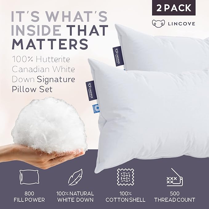 Lincove Signature 100% Canadian White Down Pillow - Luxury Sleeping Bed Pillow for Back, Stomach & Side Sleepers - 800 Fill Power, 500 Thread Count, Made in Canada, Standard - Medium, 2 Pack