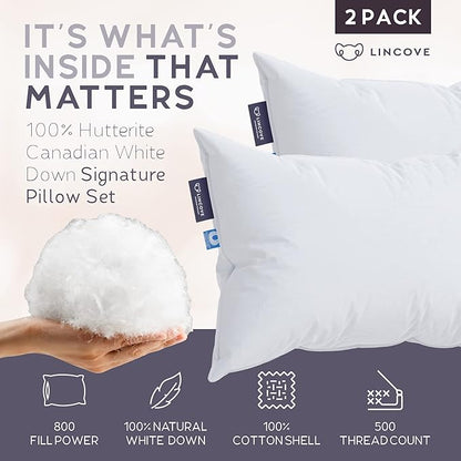 Lincove Signature 100% Natural Canadian White Down Luxury Sleeping Pillow - 800 Fill Power, 500 Thread Count Cotton Shell, Made in Canada, King - Soft, 2 Pack