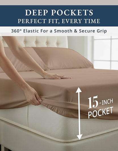 LANE LINEN 100% Egyptian Cotton Sheets Twin Size Bed Set – Machine Washable, Naturally Temperature Regulating, Sustainable, No Pill, Fade Resistant Twin Bedding Set – Taupe