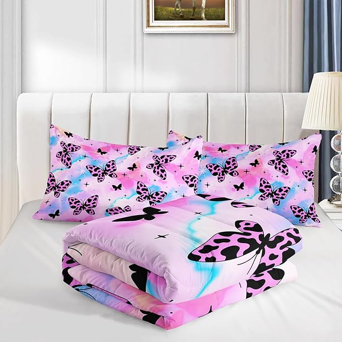 Beautiful Butterfly Comforter Set Queen Size,Spotted Butterfly Printed Bedding Set for Kids Girls Women Room Decor,Rainbow Aesthetic Toddler Bedding Sets for Girls with 2 Pillowcases.