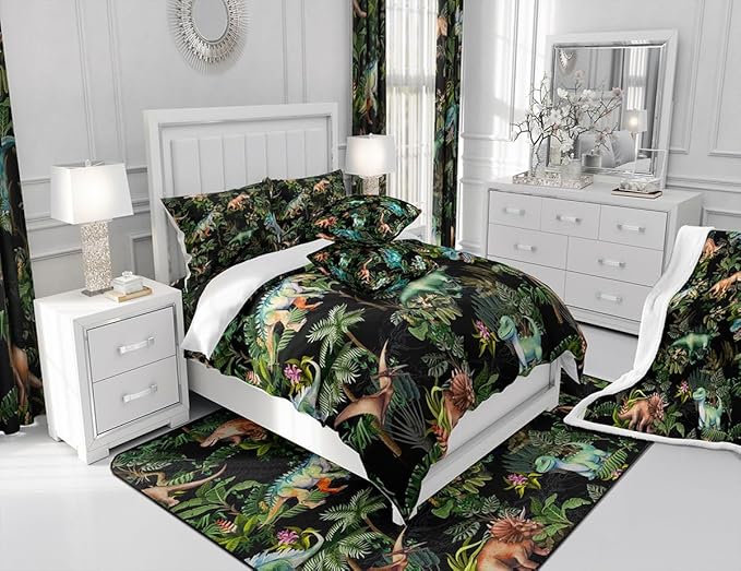 Castle Fairy Watercolor Dinosaur Full Size Comforter Set,Cartoon Dino Animal Oil Painting Style Bedding Comforters Bedroom Collection,Green Leaves Tropical Natural Plants Bedding Set for Girls Teens