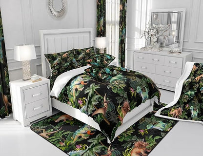 Watercolor Dinosaur Comforter Set King Size,Cartoon Dino Animal Oil Painting Style Bedding Set All Season Quilt Set,Green Leaves Tropical Natural Plants Microfiber Polyester Down Comforter