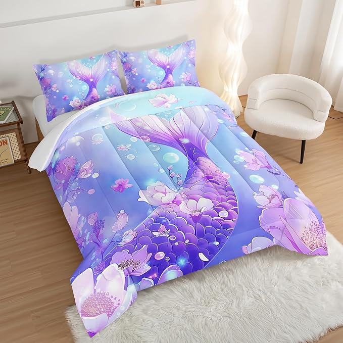 Pretty Mermaid Comforter Full for Girls Kids, Mermaid Fish Scale Floral Pattern Bedding for Girls Bedroom Decor, Ocean Themed Comforter Bedding Set with 2 Pillowcases