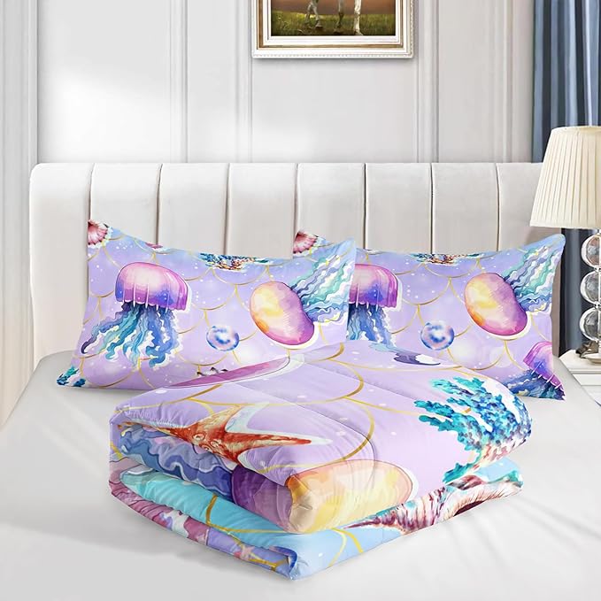 Cute Ocean Comforter Set Kids Bedding Full Size,Color Jellyfish Conch Sea Star Print Comforter for Teens Boys Girls Room Decor,Kawaii Beach Bedding Set with 2 Pillowcases.