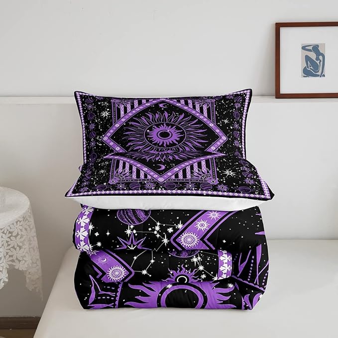 Castle Fairy Purple Hippie Mandala Comforter Set Queen Size Bohemian Bedding Set for Kids Boys Girls Bedroom Decoration Hippy Hippie Gypsy Bed Duvet Insert Sun Moon Comforter with 2 Pillowcase