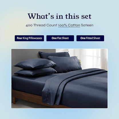 California Design Den 6-Pc King Size Sheet Set with 4 Pillowcases - Soft 400 Thread Count 100% Cotton Sheets, Sateen Weave, Deep Pocket Bedsheets Set - Indigo Dusty Blue