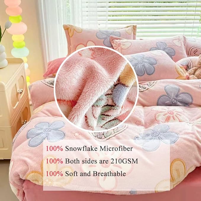 Pink Floral Kids Duvet Cover Set Cute Kawaii Bedding Set Twin Size Snowflake Fluffy Comforter Cover Blanket Soft Reversible Duvet Cover Set Room Decor for Girls Women Boys(Pink Flowers,Twin)