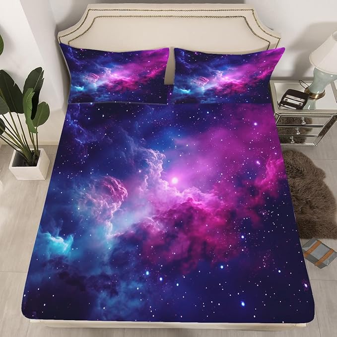 Purple Galaxy Sheet Sets Twin Size Constellation Bedding Set Kids Teens Girls Boys Starry Sky Fitted Sheet Outer Space Universe Star 1 Flat Sheet 1 Fitted Sheet 1 Pillowcase