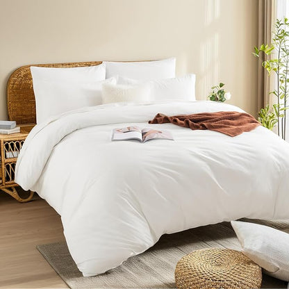 NEXHOME PRO Duvet Cover Set 100% Washed Cotton Oversized King 120"x98" Linen Feel Textured Organic Natural 3 Pieces Bedding Set with Zipper Closure and Corner Ties, Breathable(White, No Comforter)