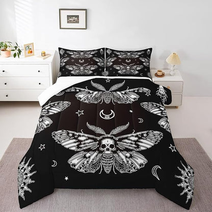 Feelyou Boys Boho Moth Comforter Set Full Size Men Gothic Skull Bedding Set for Girls Women Bedroom Decor Bohemian Moon Star Comforter Personalized Moth Skull Skeleton Bones Duvet Set Teens Quilt Set