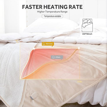 Heated Blanket Electric Blanket King Size Soft Flannel Sherpa, 6 Heat Levels Fast Heating, 2 to 10 Hours Auto-Off Detachable Controller Machine Washable, Beige 100"x90"