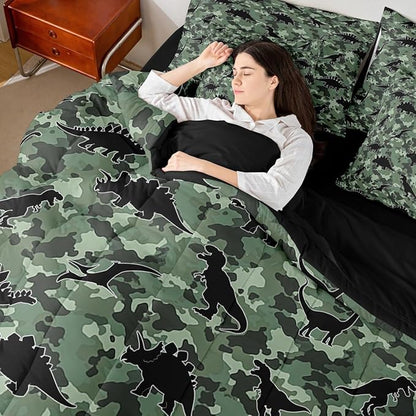 Feelyou Dinosaur 7 Piece Bedding Set Camouflage Print Comforter Set with Sheets for Kids Boys Girls Army Green Bed in a Bag Animal Theme Bed Set Soft Lightweight