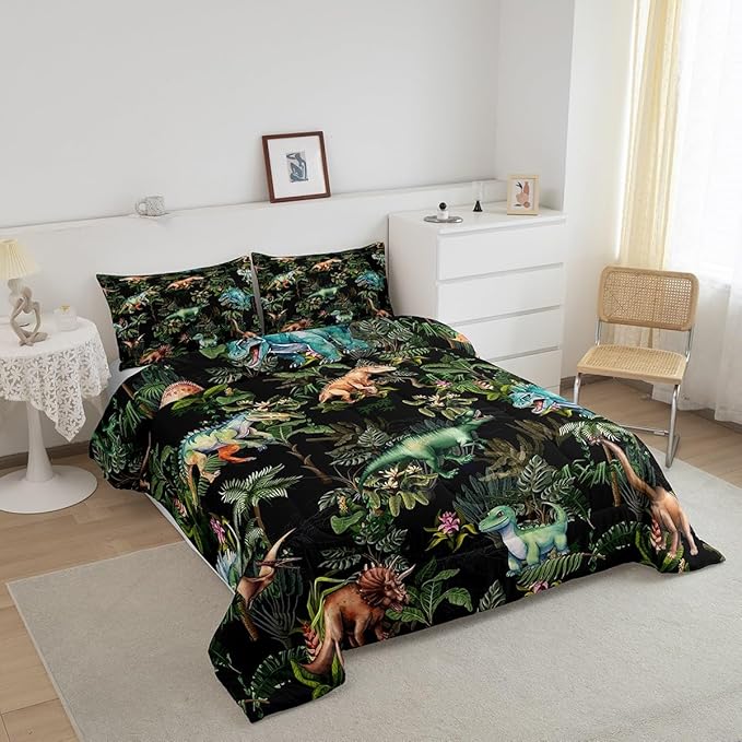 Castle Fairy Watercolor Dinosaur Full Size Comforter Set,Cartoon Dino Animal Oil Painting Style Bedding Comforters Bedroom Collection,Green Leaves Tropical Natural Plants Bedding Set for Girls Teens