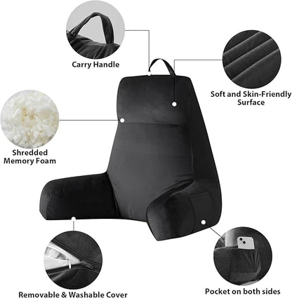 Reading Pillow with Arms for Adult, Back Pillow for Bed Sitting Up, Shredded Memory Foam Backrest Pillow with Pockets & Removable Washable Cover, Lounging, Watching TV, Reading(24inch Black)