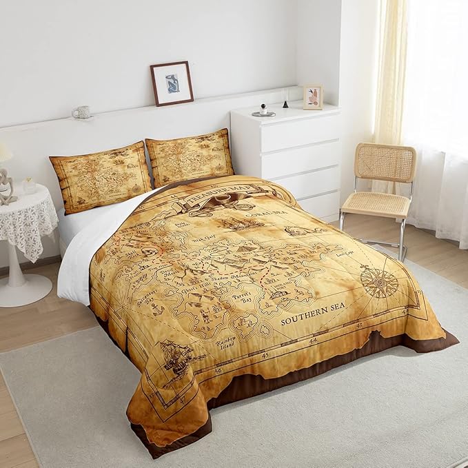 Feelyou Nautical Island Map Soft Comforter Set Kids Vintage Old Map Pirate Ship Bedding Set Ocean Ancient Pirate Skull Quilt Set Decor Bedroom Collection 2Pcs Twin Size