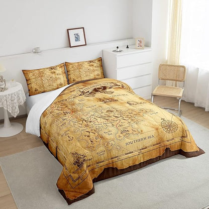 Feelyou Nautical Island Map Soft Comforter Set Kids Vintage Old Map Pirate Ship Bedding Set Ocean Ancient Pirate Skull Quilt Set Decor Bedroom Collection 2Pcs Twin Size