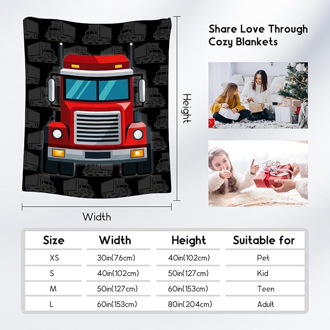 Truck Blanket, Cozy Soft Throw Gifts for Kids, Cute Black Flannel Throw Blankets for Couch Sofa, 40x50 Inches
