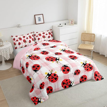 Cartoon Ladybug Bedding Set Toddler Size Rustic Pink Plaid Comforter Set for Kids Teens Room Decor Cute Dasiy Flower Duvet Insert Geometric Polka Dots Down Comforter Set,2Pcs