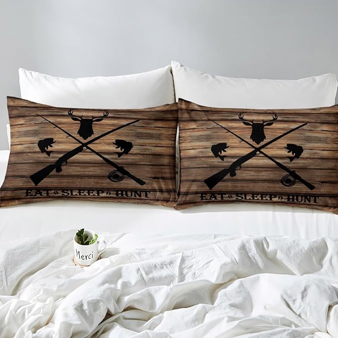 Hunting Themed Duvet Cover Set King Size,Deer Antler Animal Comforter Cover with 2 Pillowcases Bedspread,Brown Retro Farmhouse Board Microfiber Quilt Cover for Adult Women,3pcs