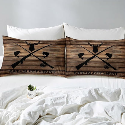 Hunting Themed Duvet Cover Set King Size,Deer Antler Animal Comforter Cover with 2 Pillowcases Bedspread,Brown Retro Farmhouse Board Microfiber Quilt Cover for Adult Women,3pcs
