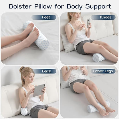 Neck Roll Pillow for Neck Pain Relief - Memory Foam Neck Support Pillow for Bed, Cylinder Pillows, Round Neck Pillow for Sleeping, 15.7 * 5 * 5 inch (Cool-Blue)